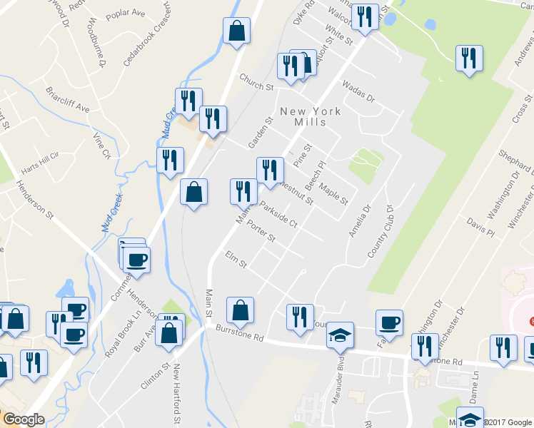map of restaurants, bars, coffee shops, grocery stores, and more near 8-10 Parkside Court in New York Mills