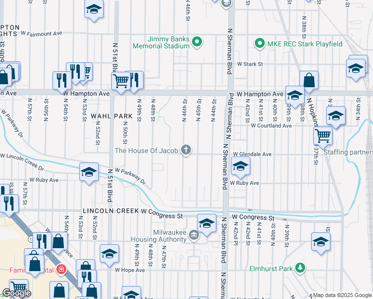 map of restaurants, bars, coffee shops, grocery stores, and more near 4606 North 46th Street in Milwaukee