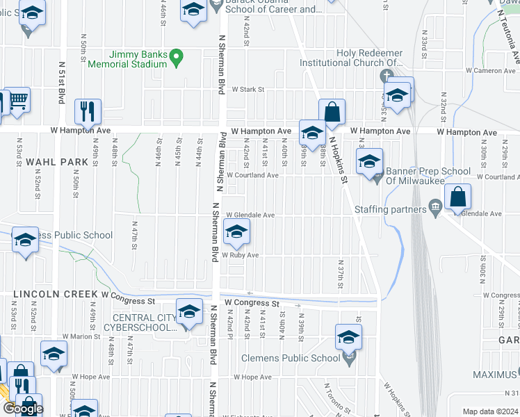 map of restaurants, bars, coffee shops, grocery stores, and more near 4609 North 41st Street in Milwaukee