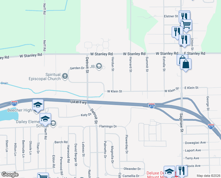 map of restaurants, bars, coffee shops, grocery stores, and more near 1278 West Klein Street in Mount Morris