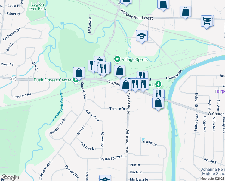 map of restaurants, bars, coffee shops, grocery stores, and more near 1259 Fairport Road in Fairport