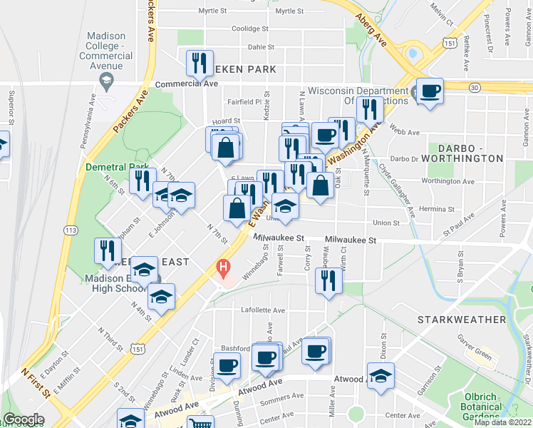 map of restaurants, bars, coffee shops, grocery stores, and more near 2622 Union Street in Madison