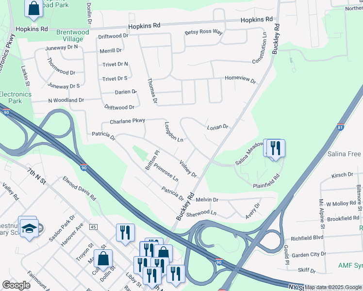 map of restaurants, bars, coffee shops, grocery stores, and more near 103 Longdon Lane in Syracuse