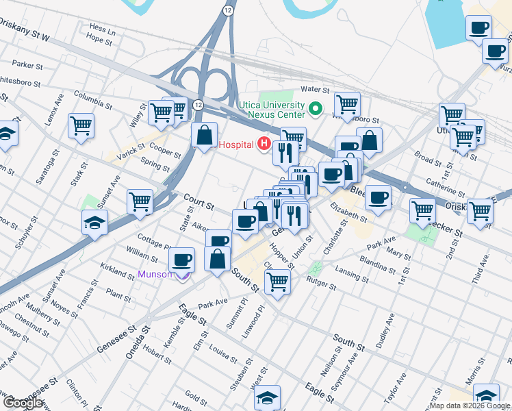 map of restaurants, bars, coffee shops, grocery stores, and more near in Utica