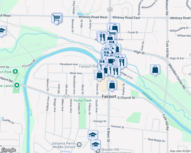 map of restaurants, bars, coffee shops, grocery stores, and more near 200 Fairport Village Landing in Fairport