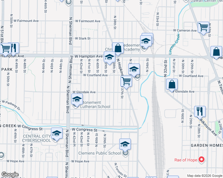map of restaurants, bars, coffee shops, grocery stores, and more near 4606 North 38th Street in Milwaukee