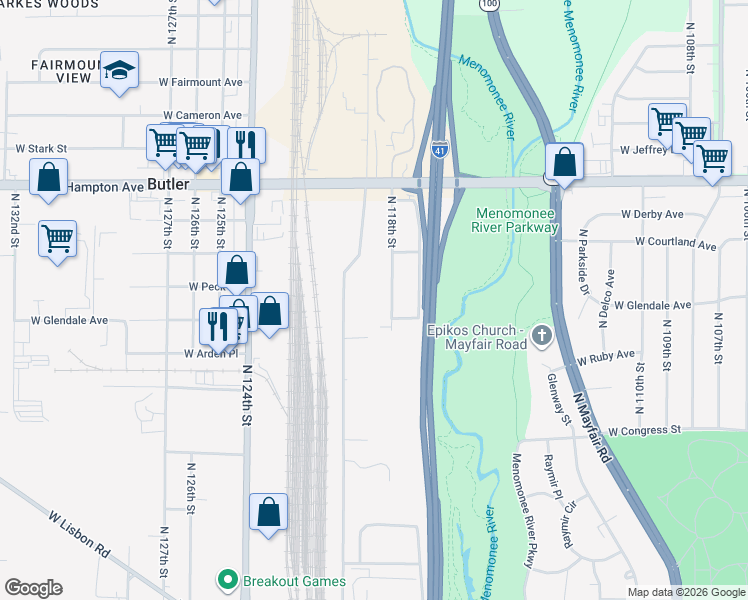 map of restaurants, bars, coffee shops, grocery stores, and more near 4623 North 118th Street in Wauwatosa