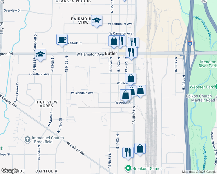 map of restaurants, bars, coffee shops, grocery stores, and more near 4622 North 127th Street in Butler