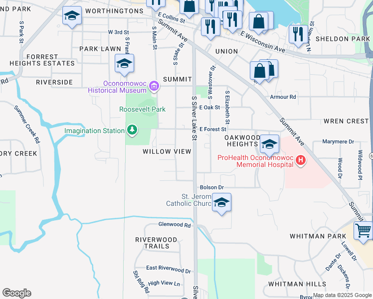 map of restaurants, bars, coffee shops, grocery stores, and more near 833 South State Street in Oconomowoc