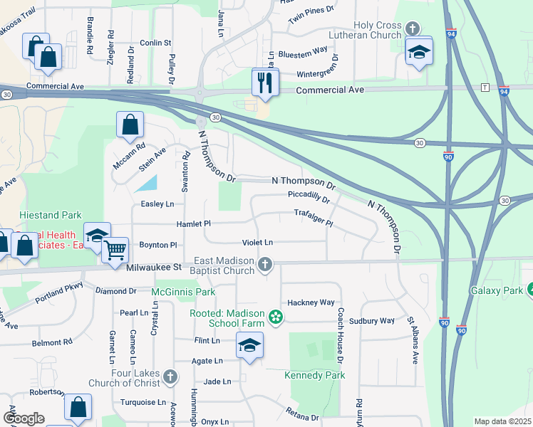 map of restaurants, bars, coffee shops, grocery stores, and more near 5009 Trafalger Place in Madison