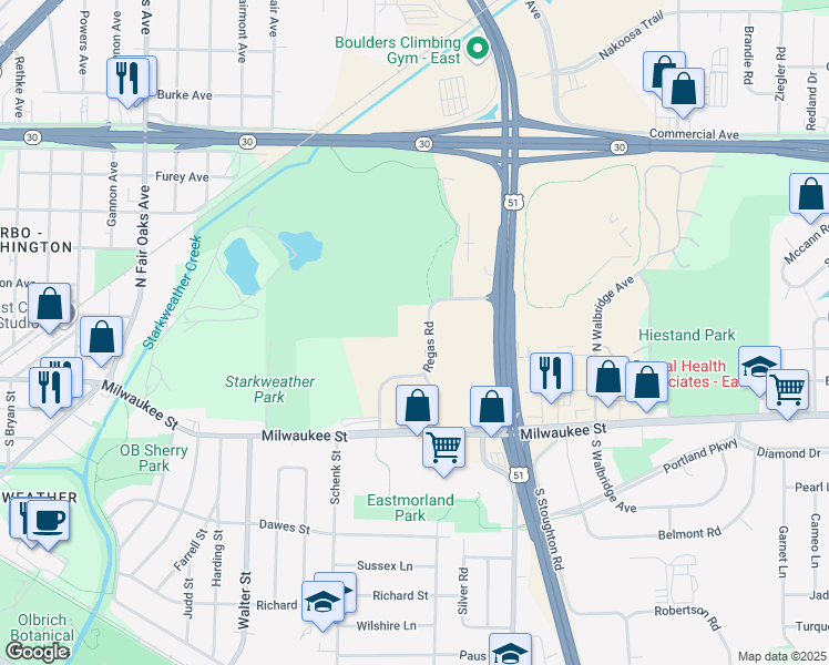 map of restaurants, bars, coffee shops, grocery stores, and more near 202 Regas Rd in Madison