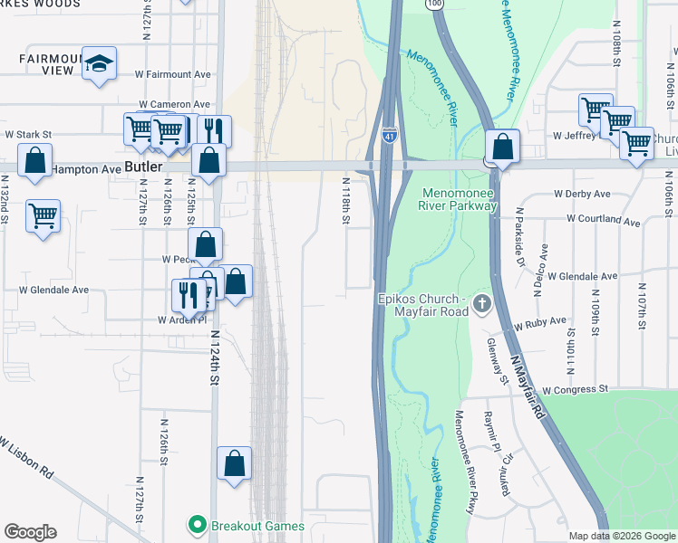 map of restaurants, bars, coffee shops, grocery stores, and more near 4623 North 118th Street in Wauwatosa