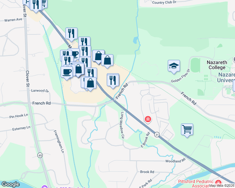 map of restaurants, bars, coffee shops, grocery stores, and more near 200 French Road in Rochester