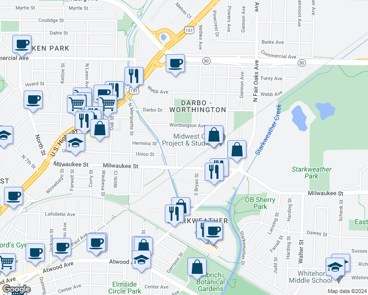 map of restaurants, bars, coffee shops, grocery stores, and more near 3109 Hermina Street in Madison