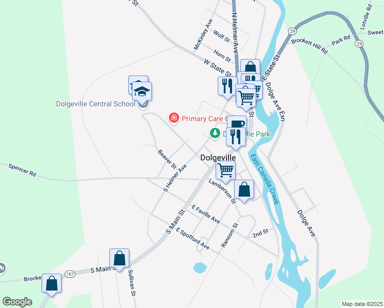 map of restaurants, bars, coffee shops, grocery stores, and more near 15 Slawson Street in Dolgeville