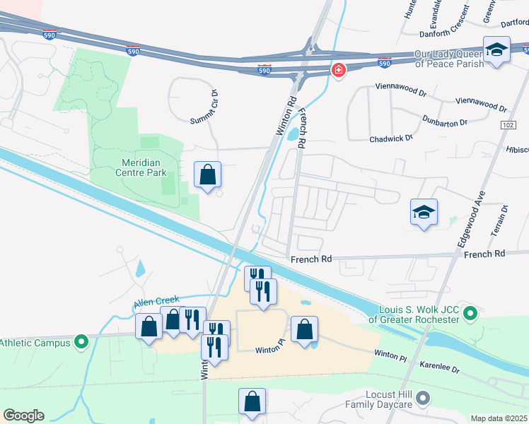 map of restaurants, bars, coffee shops, grocery stores, and more near 467 Eastbrooke Lane in Rochester