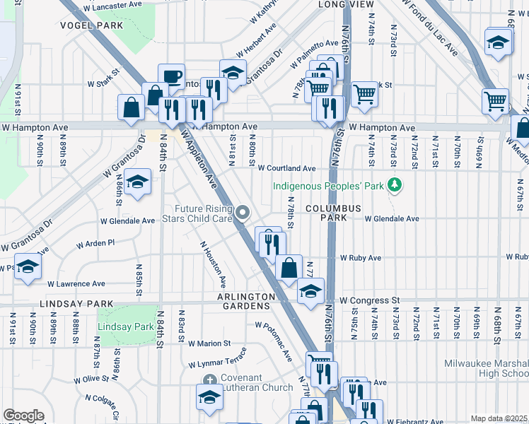 map of restaurants, bars, coffee shops, grocery stores, and more near 7908 West Glendale Avenue in Milwaukee