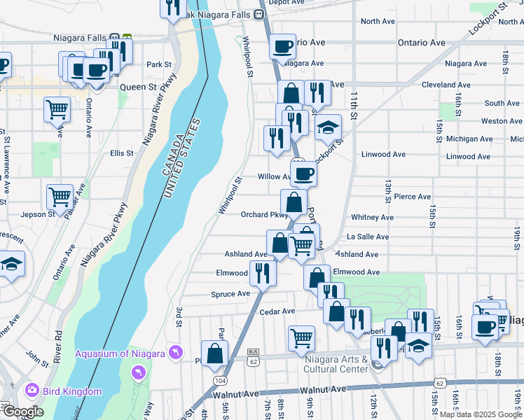 map of restaurants, bars, coffee shops, grocery stores, and more near 672 Orchard Parkway in Niagara Falls
