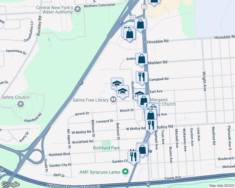 map of restaurants, bars, coffee shops, grocery stores, and more near 200 Bernard Street in Mattydale