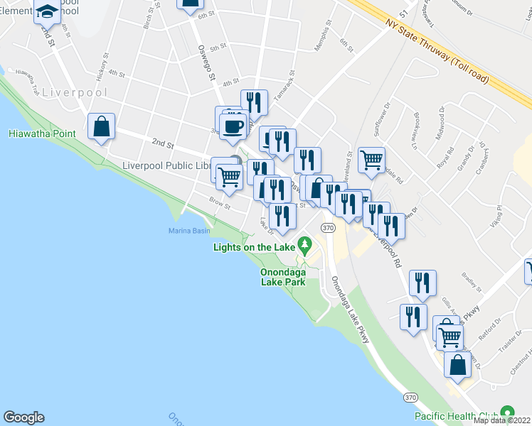 map of restaurants, bars, coffee shops, grocery stores, and more near 101 Lake Drive in Liverpool