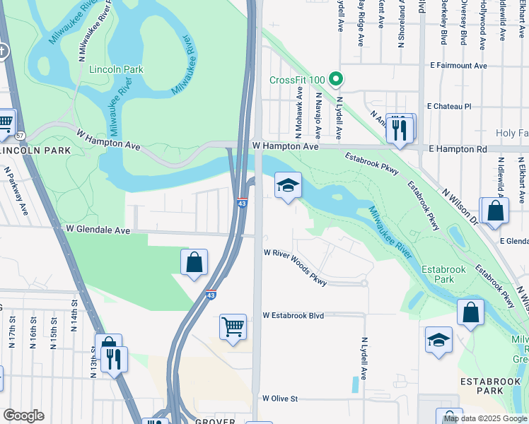 map of restaurants, bars, coffee shops, grocery stores, and more near 4656 North Port Washington Road in Glendale