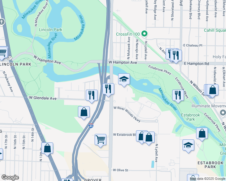 map of restaurants, bars, coffee shops, grocery stores, and more near 4650 North Port Washington Road in Milwaukee