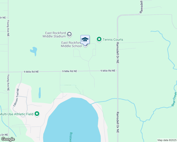 map of restaurants, bars, coffee shops, grocery stores, and more near 8615 9 Mile Road Northeast in Rockford