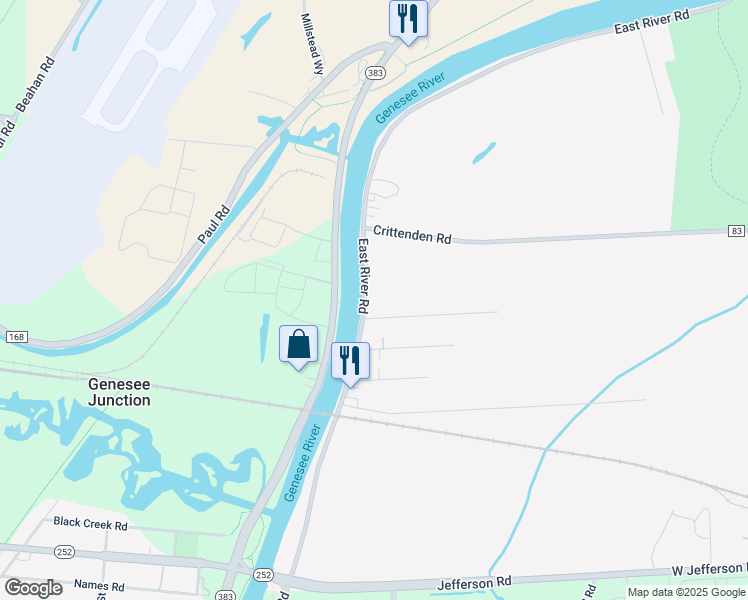 map of restaurants, bars, coffee shops, grocery stores, and more near 2088 East River Road in Rochester