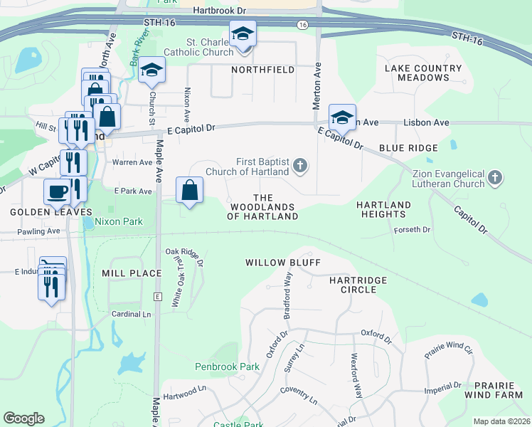 map of restaurants, bars, coffee shops, grocery stores, and more near 311 Woodlands Court in Hartland