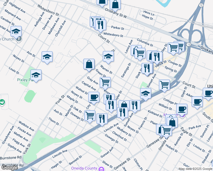 map of restaurants, bars, coffee shops, grocery stores, and more near 1118 Lenox Avenue in Utica