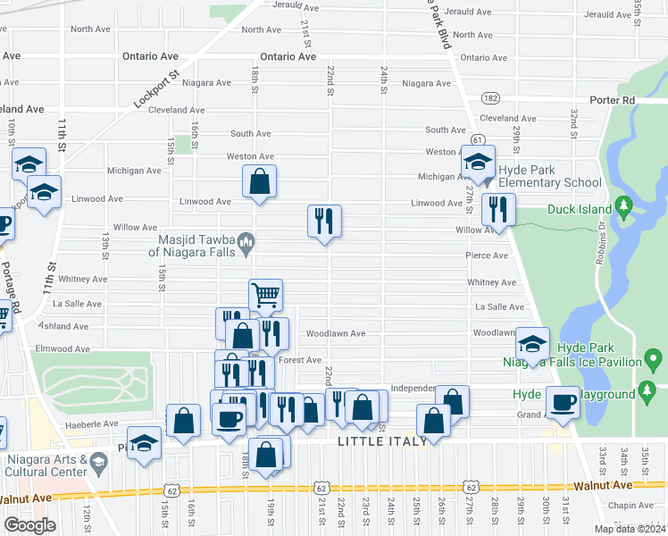 map of restaurants, bars, coffee shops, grocery stores, and more near 1966 Whitney Avenue in Niagara Falls