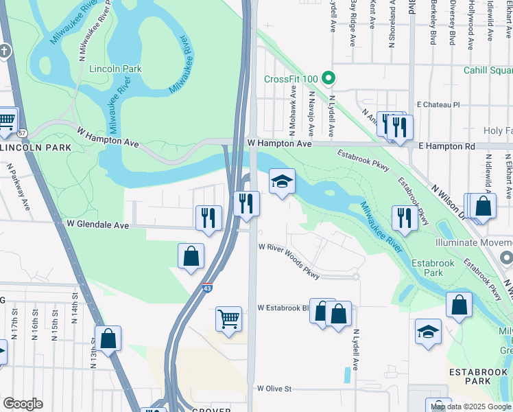 map of restaurants, bars, coffee shops, grocery stores, and more near 4656 North Port Washington Road in Glendale