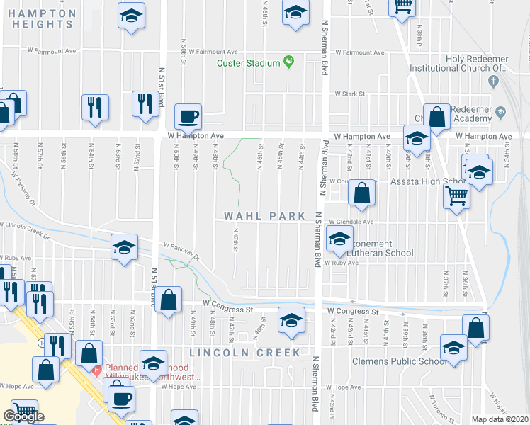 map of restaurants, bars, coffee shops, grocery stores, and more near 4606 North 46th Street in Milwaukee