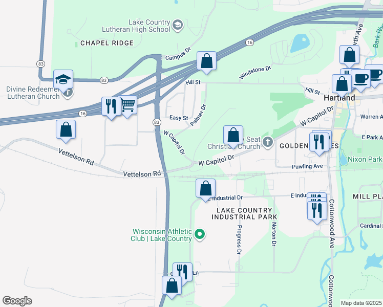 map of restaurants, bars, coffee shops, grocery stores, and more near 644 West Capitol Drive in Hartland