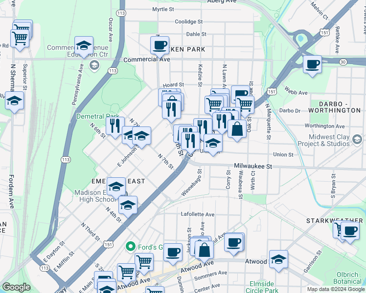 map of restaurants, bars, coffee shops, grocery stores, and more near 2612 East Washington Avenue in Madison