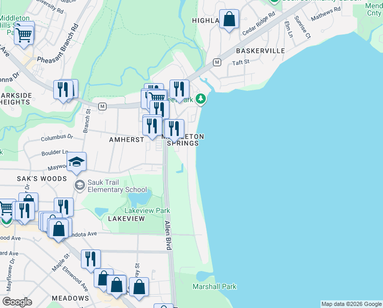 map of restaurants, bars, coffee shops, grocery stores, and more near 2431 Middleton Beach Road in Middleton