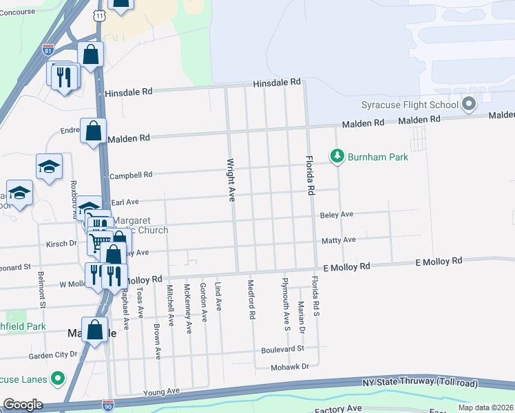 map of restaurants, bars, coffee shops, grocery stores, and more near 303 Plymouth Avenue in Syracuse
