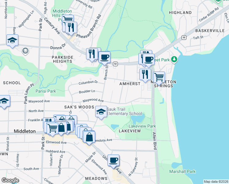 map of restaurants, bars, coffee shops, grocery stores, and more near 2403 Maywood Circle in Middleton