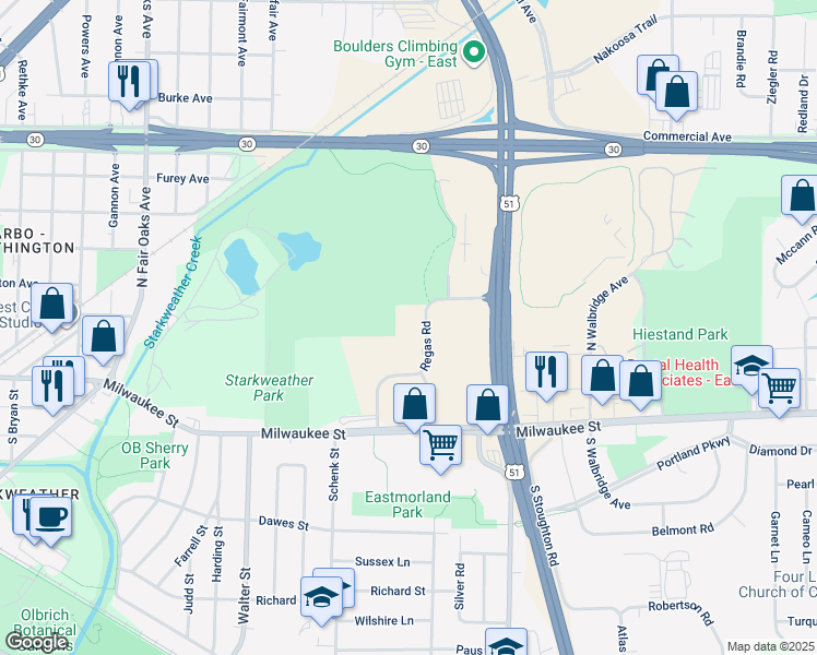 map of restaurants, bars, coffee shops, grocery stores, and more near 202 Regas Road in Madison