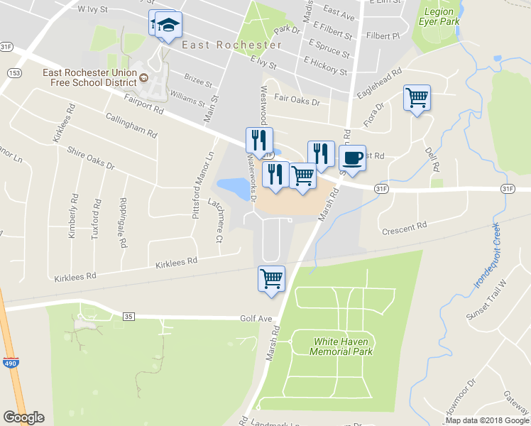 map of restaurants, bars, coffee shops, grocery stores, and more near 5 Silverwood Circle in East Rochester