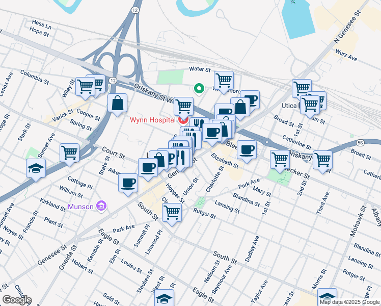 map of restaurants, bars, coffee shops, grocery stores, and more near 200 Genesee Street in Utica