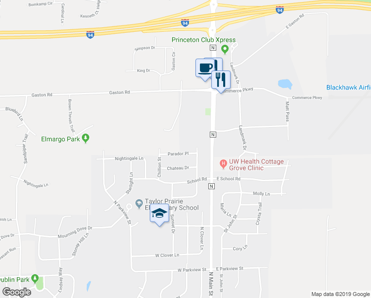 map of restaurants, bars, coffee shops, grocery stores, and more near 217 Parador Place in Cottage Grove