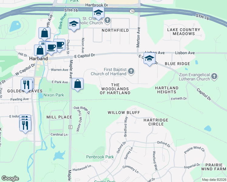 map of restaurants, bars, coffee shops, grocery stores, and more near 311 Woodlands Court in Hartland