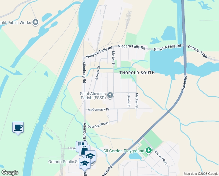 map of restaurants, bars, coffee shops, grocery stores, and more near 222 Pilkington Street in Thorold