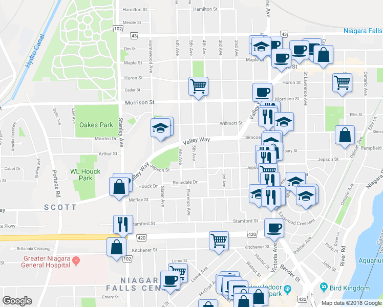 map of restaurants, bars, coffee shops, grocery stores, and more near 5029 Fifth Avenue in Niagara Falls