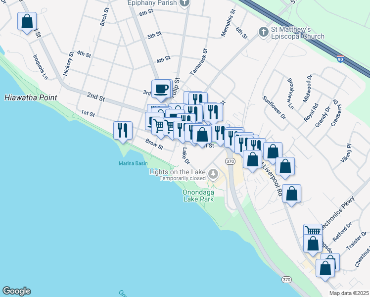 map of restaurants, bars, coffee shops, grocery stores, and more near 101 Lake Drive in Liverpool