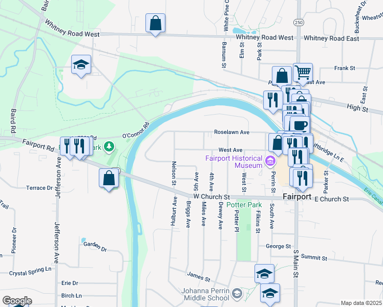 map of restaurants, bars, coffee shops, grocery stores, and more near 8 Galusha Street in Fairport