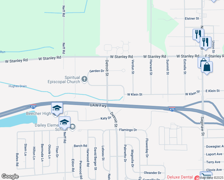 map of restaurants, bars, coffee shops, grocery stores, and more near 6398 Detroit Street in Mount Morris