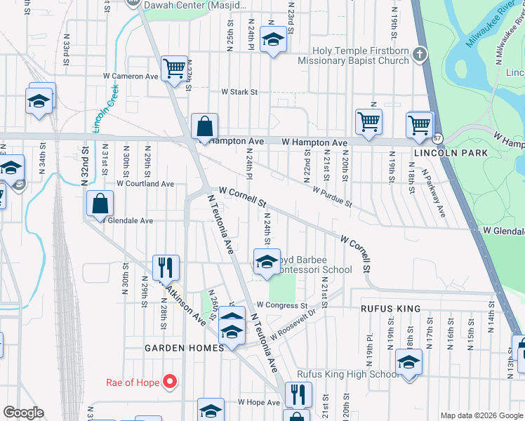 map of restaurants, bars, coffee shops, grocery stores, and more near 4611 North 24th Street in Milwaukee