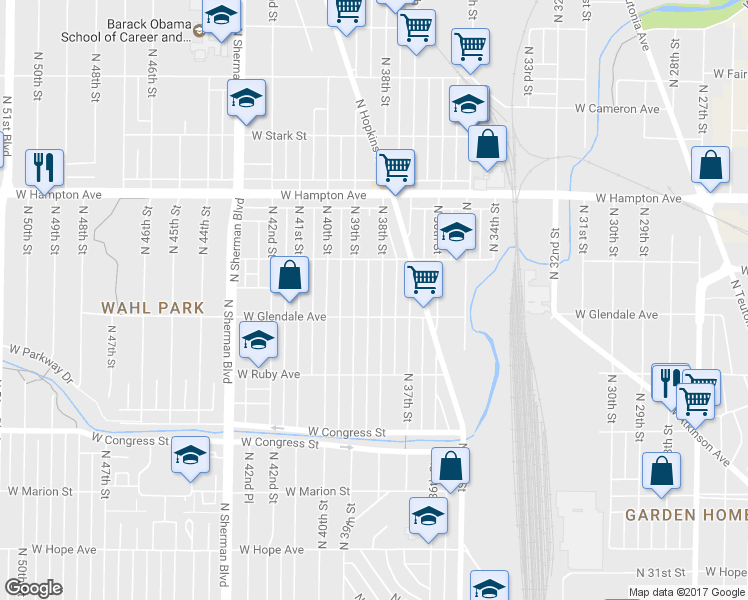 map of restaurants, bars, coffee shops, grocery stores, and more near 4606 North 38th Street in Milwaukee